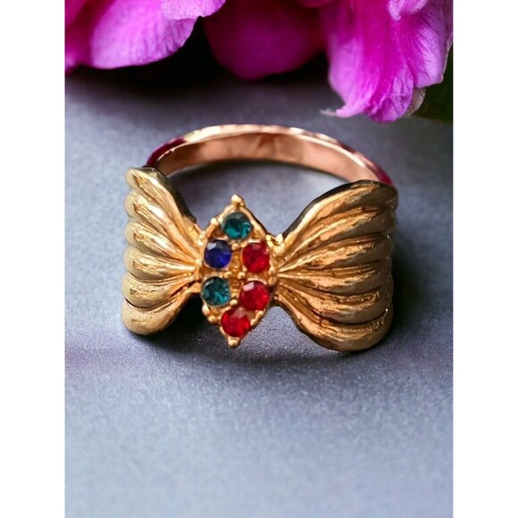 Gorgeous Fanned Gold Band Ring with Red Green & Blue Stones Size 8 - Picture 1 of 8